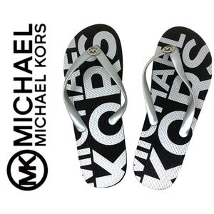 NEW Michael Kors Jet Set Sz 11 Black/Silver Logo PVC Flip Flops Thong Sandals